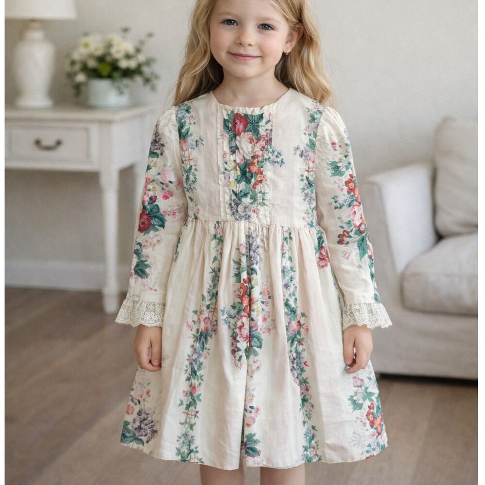 Vintage Cinderella Floral Prairie Dress Girls Size 6 Lace Cottage Spring Fairy